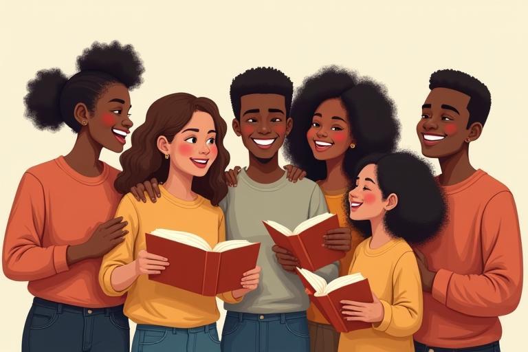 Grupo diverso de pessoas sorrindo e lendo livros juntos em um parque.