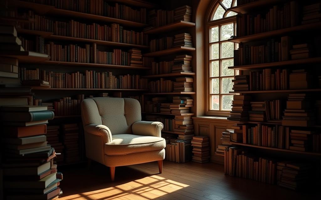 Recanto de leitura aconchegante com pilhas de livros e uma poltrona confortável, evocando amor pela leitura.